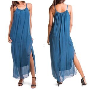 Gigi Moda Italy Venus Silk Maxi Dress Teal Blue M L $115 OSFM